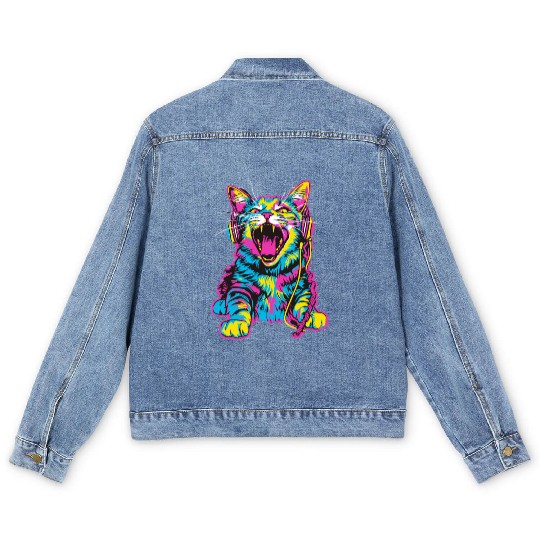 Psychedelic Cat with Headphones in Vibrant Colors Men's Denim Jackets