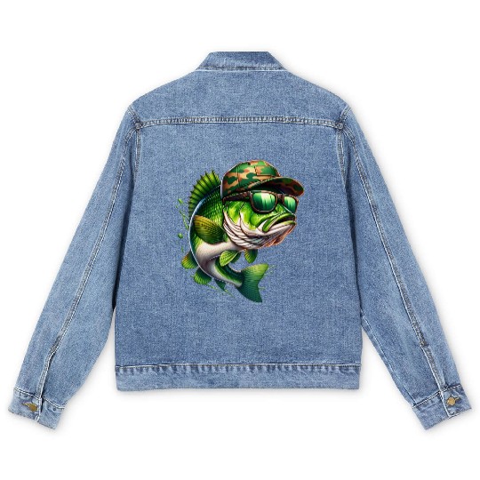 Camo Hat Bass Fish with Green Sunglasses Men's Denim Jackets