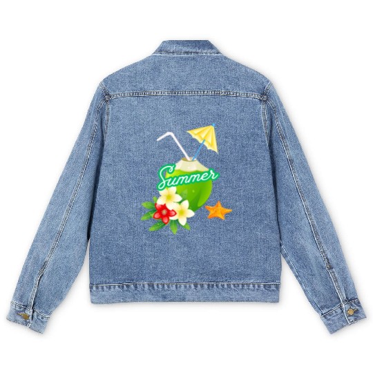 Tropical Summer Coconut with Flowers Men's Denim Jackets