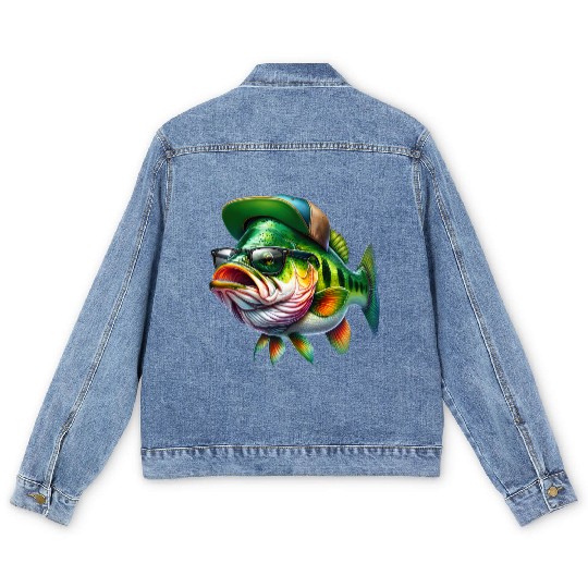 Cool Bass Fish with Green Hat and Glasses Men's Denim Jackets
