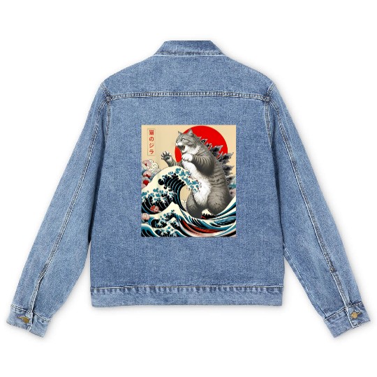 Catzilla Cat Japanese Art Funny Cat Men's Denim Jackets