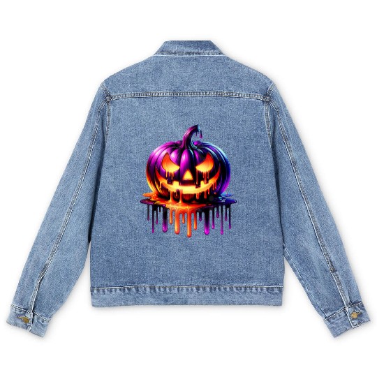 Neon Dripping Pumpkin Halloween Design Men's Denim Jackets