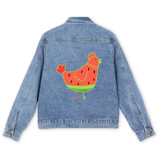Whimsical Watermelon Chicken Illustration Men's Denim Jackets