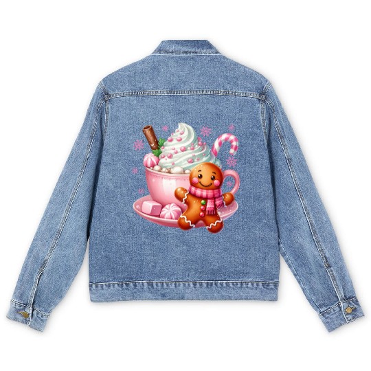 Whimsical Holiday Hot Chocolate Scene Men's Denim Jackets