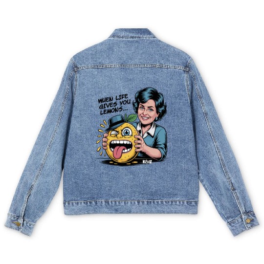 Smiling woman holding sour lemon cartoon face Men's Denim Jackets