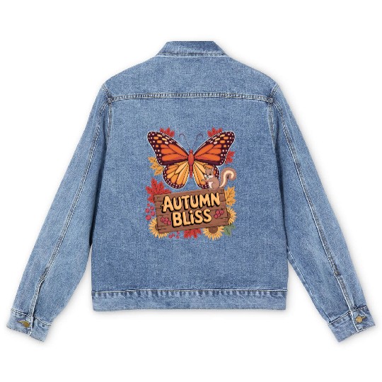 Autumn Bliss Butterfly Squirrel Leaves Fall Vibes Men's Denim Jackets