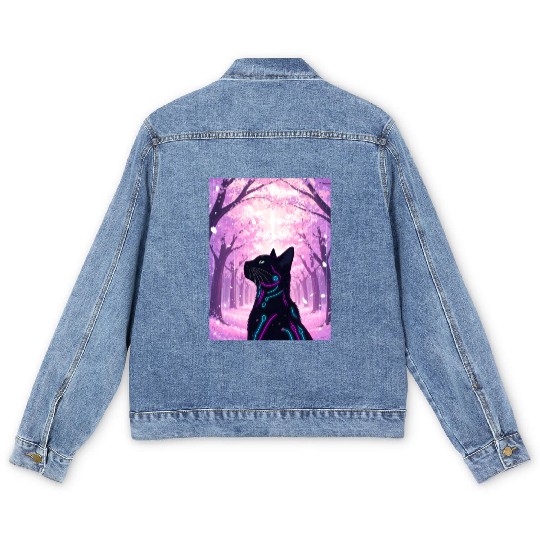 Midnight Cyber Cat | Pink Cherry Blossom Forest Men's Denim Jackets