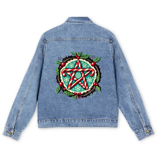 Yule Pentacle with Candy Canes Pagan Holiday Desig Men's Denim Jackets
