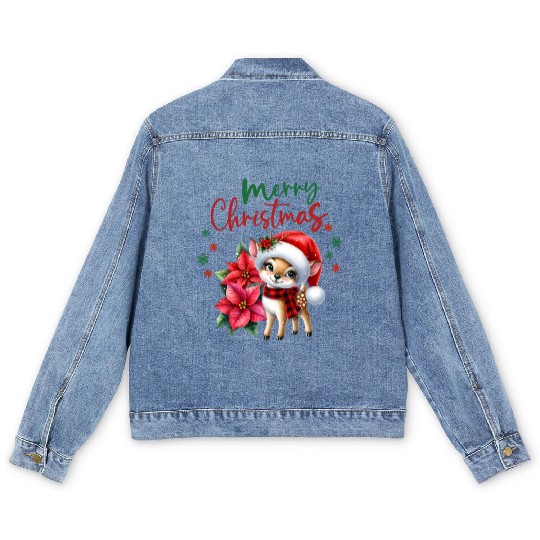 Festive Christmas Puppy with Poinsettia Men's Denim Jackets