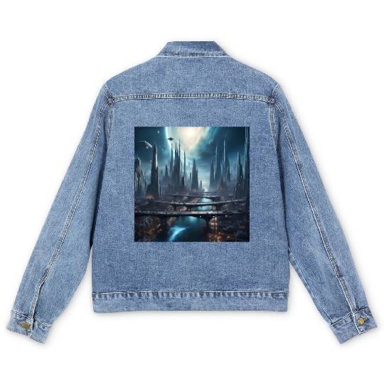 Magic City with Skyscraper Sci-Fi Alien Planet Men's Denim Jackets