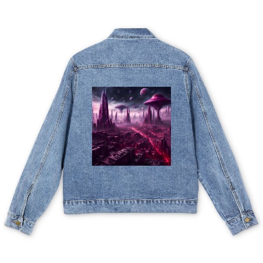 Sci-Fi Future World And Alien City in Neon Pink Men's Denim Jackets