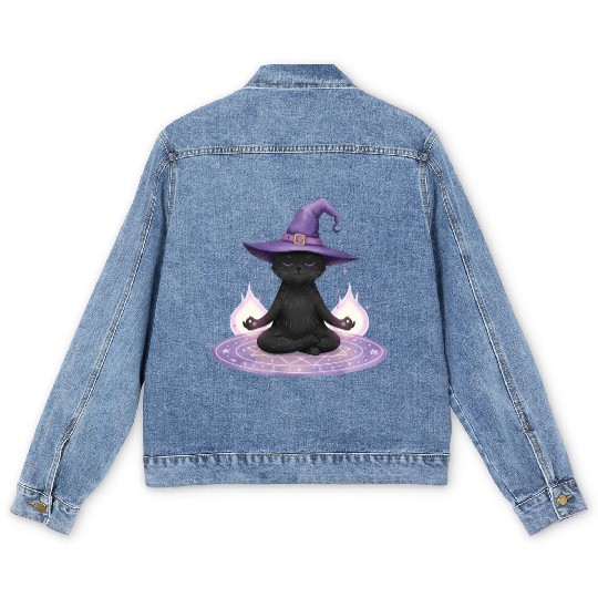 Whimsical Black Cat Wizard Design Men's Denim Jackets