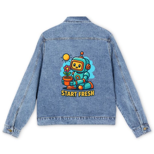 Robot Planting Flower Art Men's Denim Jackets