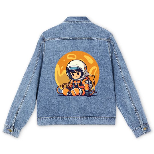 Cute Astronaut Girl in Orange Suit Men's Denim Jackets