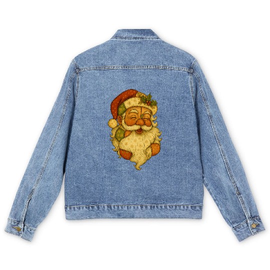Patchwork Santa Face Vintage Christmas Folk Art Men's Denim Jackets