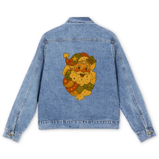 Patchwork Santa Face Vintage Christmas Folk Art Men's Denim Jackets