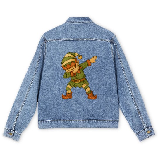 Patchwork Dabbing Elf Christmas Vintage Folk Art Men's Denim Jackets