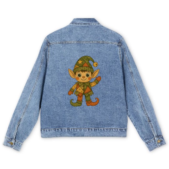 Patchwork Elf Christmas Vintage Folk Art Men's Denim Jackets
