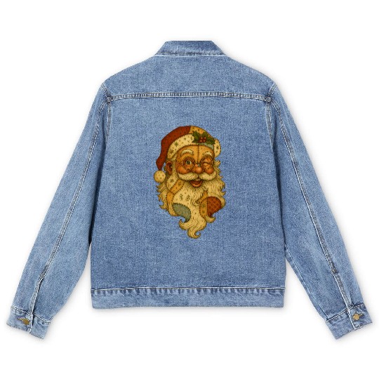Patchwork Santa Face Vintage Christmas Folk Art Men's Denim Jackets