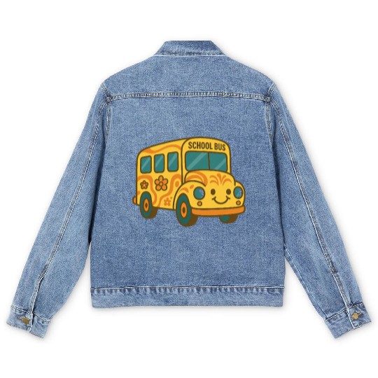 Cute Yellow School Bus Back to School Fun Men's Denim Jackets