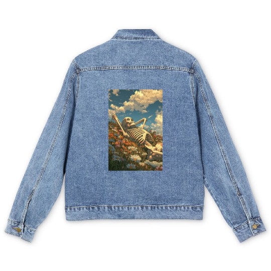 Relaxing Skeleton in Flower Field Men's Denim Jackets