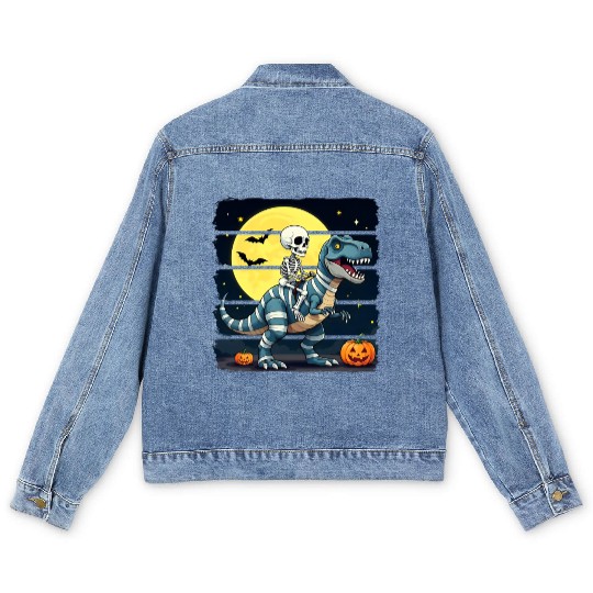 Skeleton Riding Mummy Dinosaur Funny Halloween Men's Denim Jackets