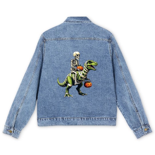 Skeleton Riding Mummy Dinosaur Funny Halloween Men's Denim Jackets