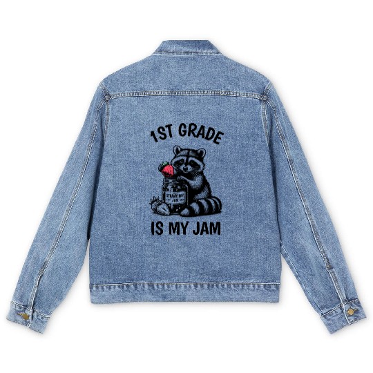 1st Grade Is My Jam Teacher Student Racoon Meme Men's Denim Jackets