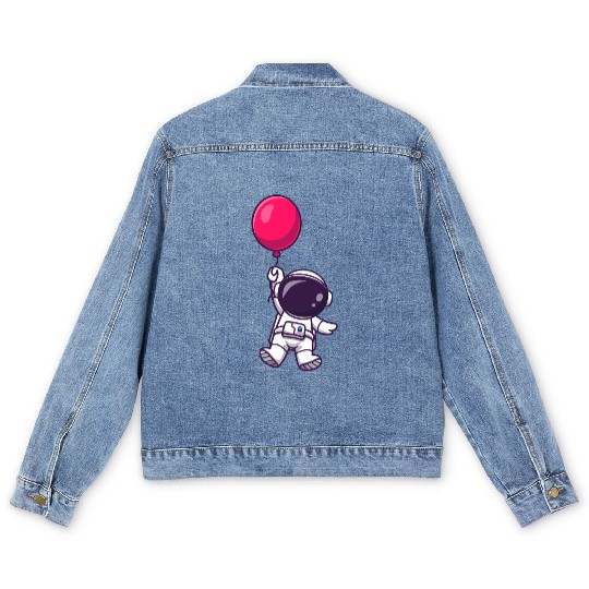 Astronaut Holding Pink Balloon Illustration Men's Denim Jackets
