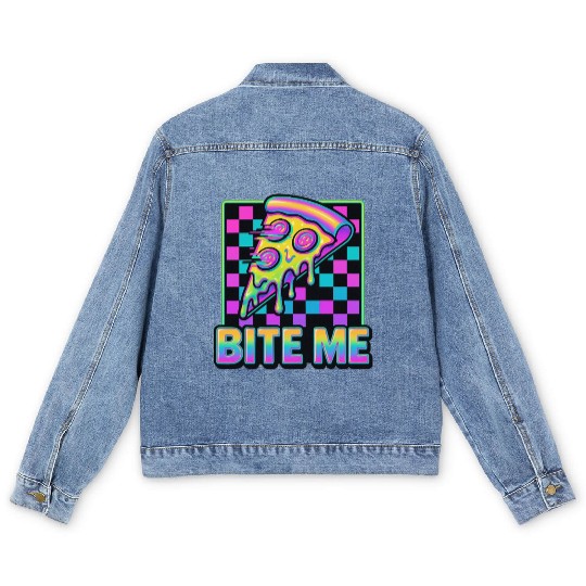 Bite Me – Y2K Glitch Pizza Neon Men's Denim Jackets