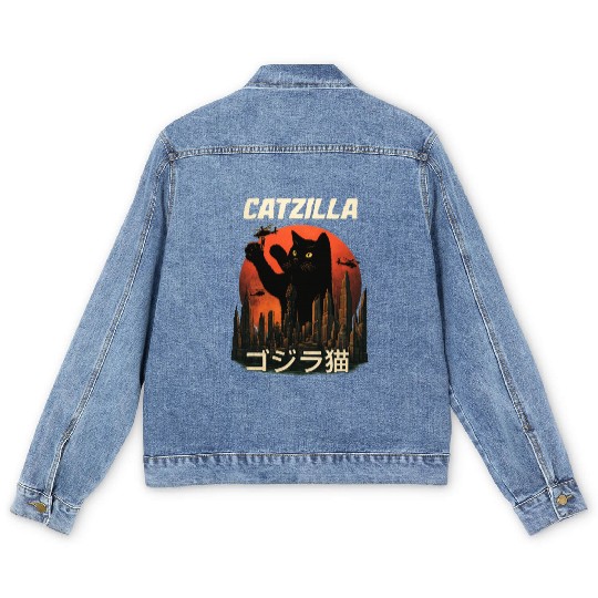 Vintage Catzilla: Funny Cat Monster Men's Denim Jackets
