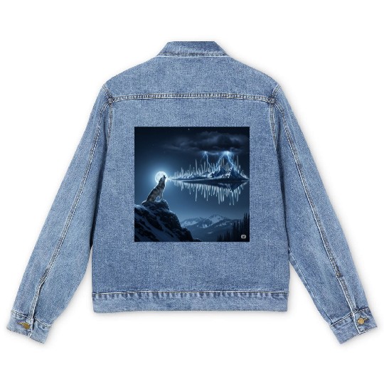 Mystic Mountain Wolf Sound Wave Men's Denim Jackets