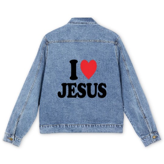 Heart and Cross with I Love Jesus Message Men's Denim Jackets