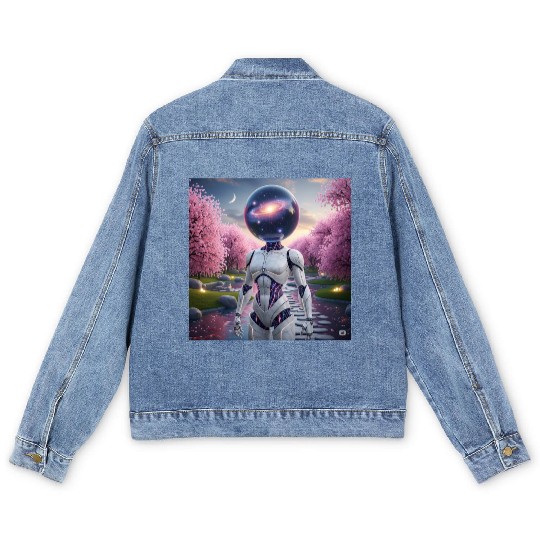Futuristic Robot in Cherry Blossom Paradise Men's Denim Jackets