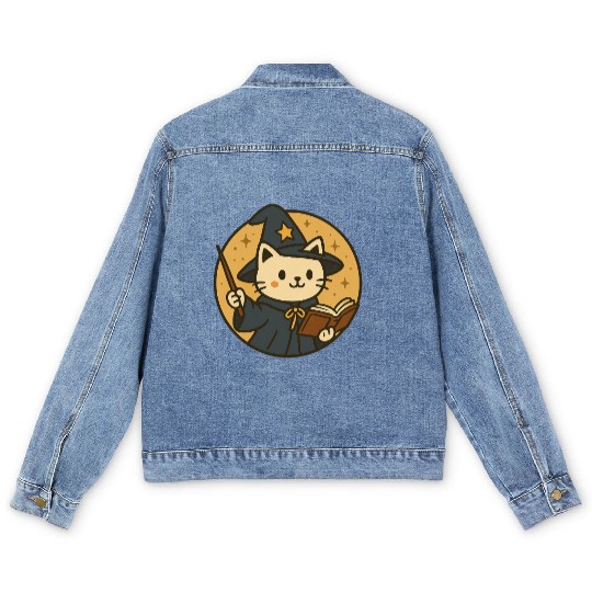 Whimsical Cat Wizard in Starry Night Men's Denim Jackets