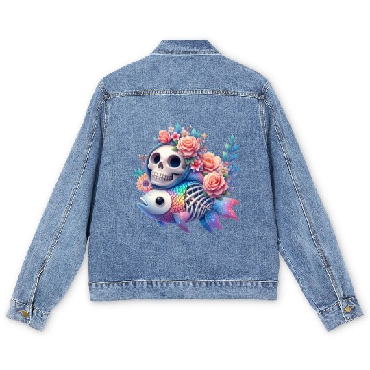 Whimsical Skull and Fish Floral Fusion Men's Denim Jackets