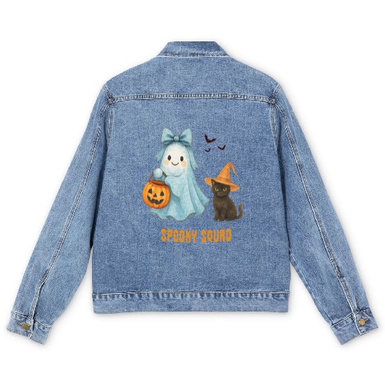 Spooky Squad, Cute halloween Ghost and Cat Men's Denim Jackets