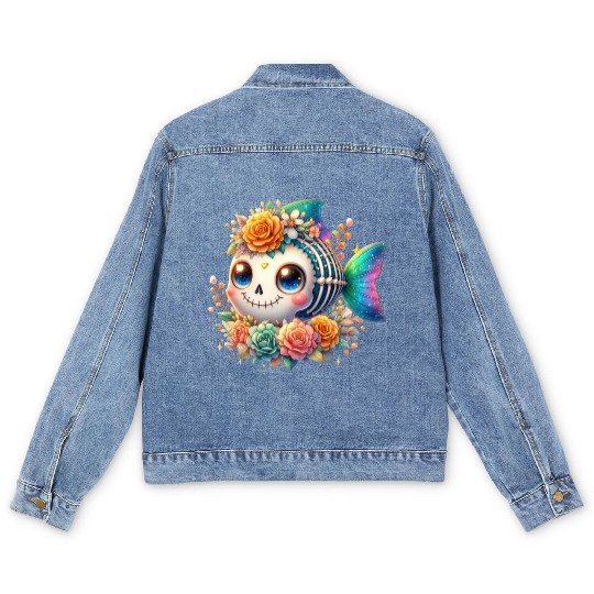 Whimsical Skeleton Fish with Floral Crown Men's Denim Jackets