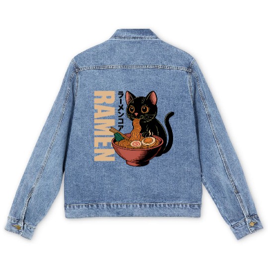 Black Cat Ramen Illustration Men's Denim Jackets