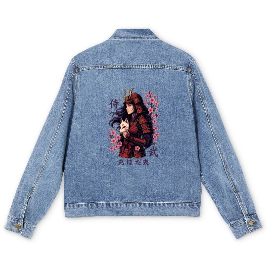 Anime Samurai Woman with Fox Mask Men's Denim Jackets