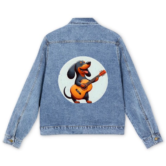 Playful Dachshund Guitar Badge Men's Denim Jackets