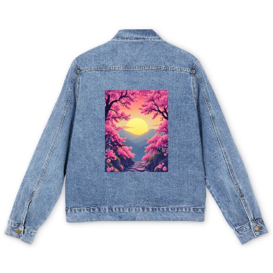 Cherry Blossom Sunset Path Men's Denim Jackets