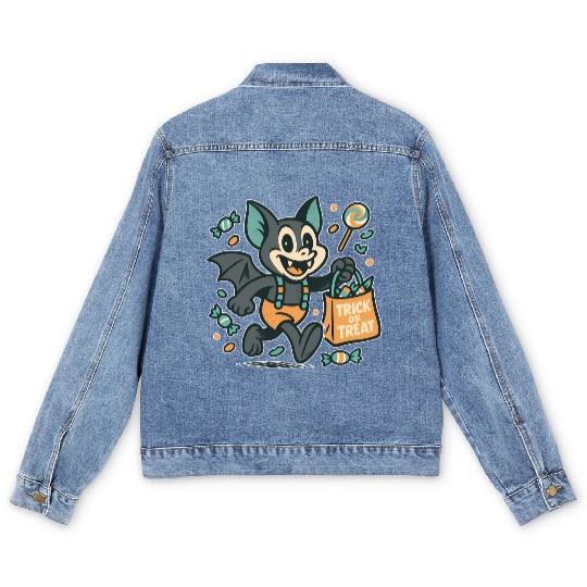Cute Bat with Candy Bag Halloween Design Men's Denim Jackets