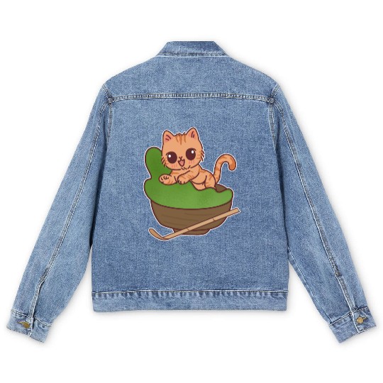 Kawaii Cat in Matcha Tea Bowl Men's Denim Jackets