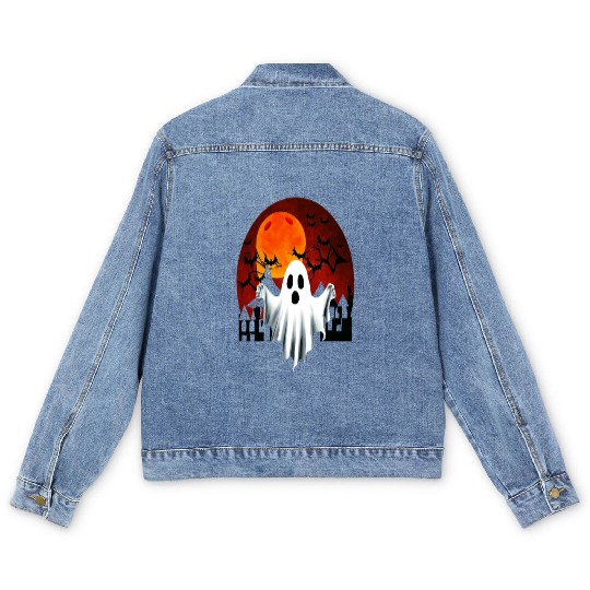 Haunted Night Ghost with Bats Men's Denim Jackets