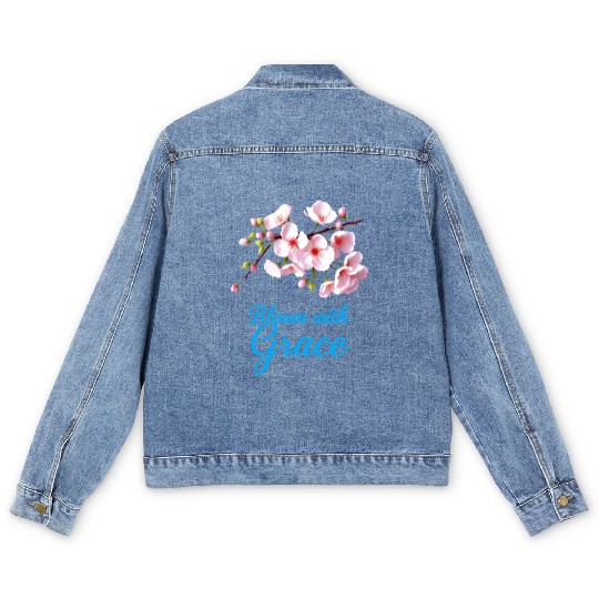 Cherry Blossom Bloom with Grace Text Men's Denim Jackets
