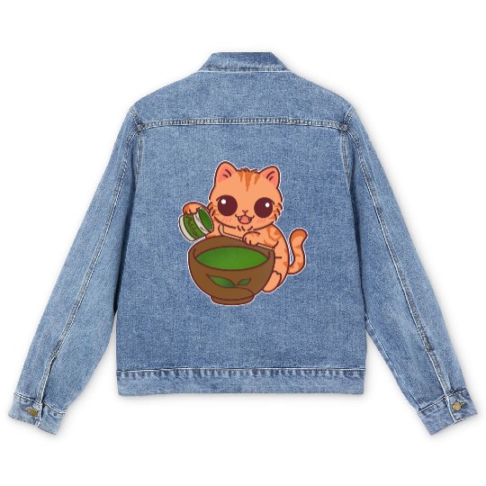 Kawaii Cat Barista Making Matcha Tea Men's Denim Jackets