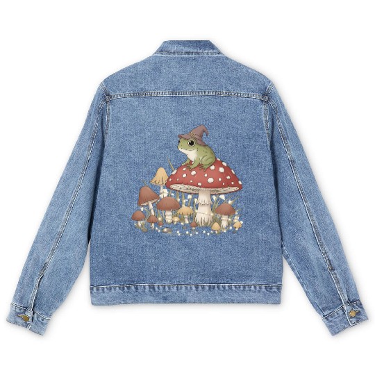 Whimsical Forest Frog in Magic Mushroom Scene Men's Denim Jackets