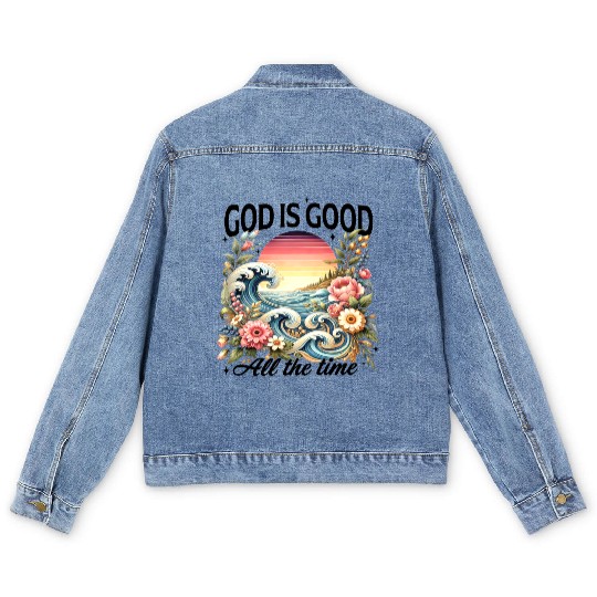 Elegant Wave and Floral Sunset Scene - GOD IS GOOD Men's Denim Jackets