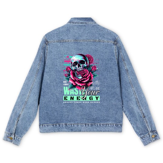Vivid Skull with Roses Neon Artwork Men's Denim Jackets